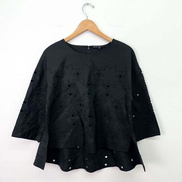 Tibi New York Women’s Black Silk Eyelet Elbow Length Pull Over Blouse - Picture 1 of 8